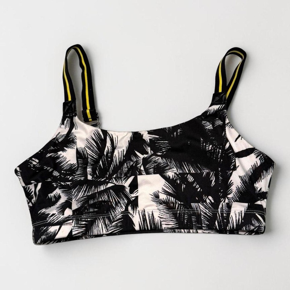 Fabletics Palm Print Sports Bra with Yellow Striped Straps‎
